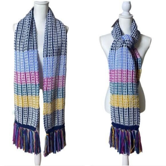 Bohemian Women's Striped Chunky Knit Scarf Fringe Cabincore Skiing Mulit… - Picture 1 of 9